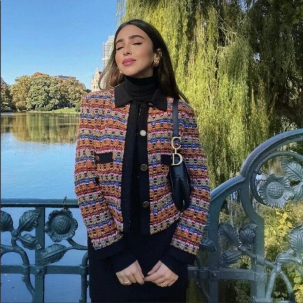 Zara Rainbow New Tweed Cropped blazer jacket size L viscose